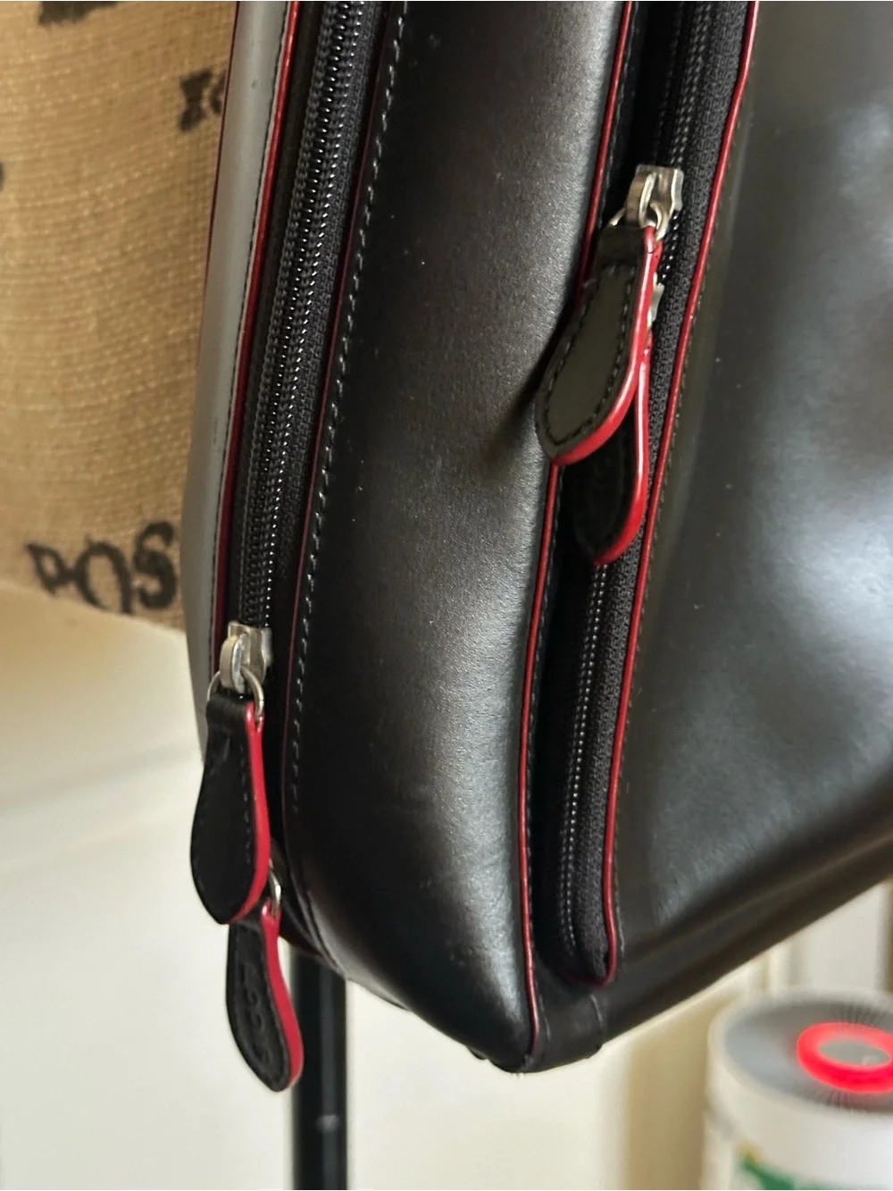 Lodis Black Leather Tote Bag with Red Trim